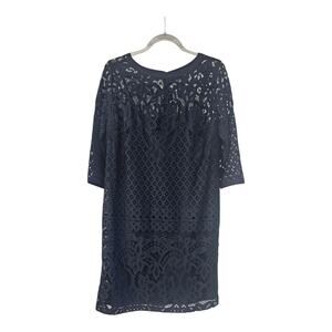 Loft Dress Size 6 Navy Lace Midi Lined 1/2 Sleeves Hidden Back Zip